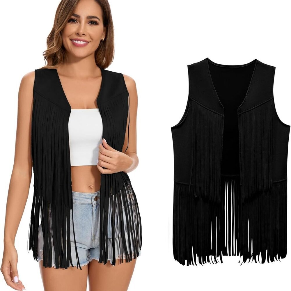 Women's Fringe Vest 60s 70s Hippie Vest Sleeveless Cowgirl Western Faux Suede Ta
